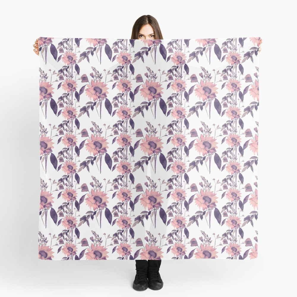 Scarf featuring original hand-painted watercolor painting by artist Elizabeth Becker. Copper pink, peach, black and white floral design. Botanical flowers and leaves.