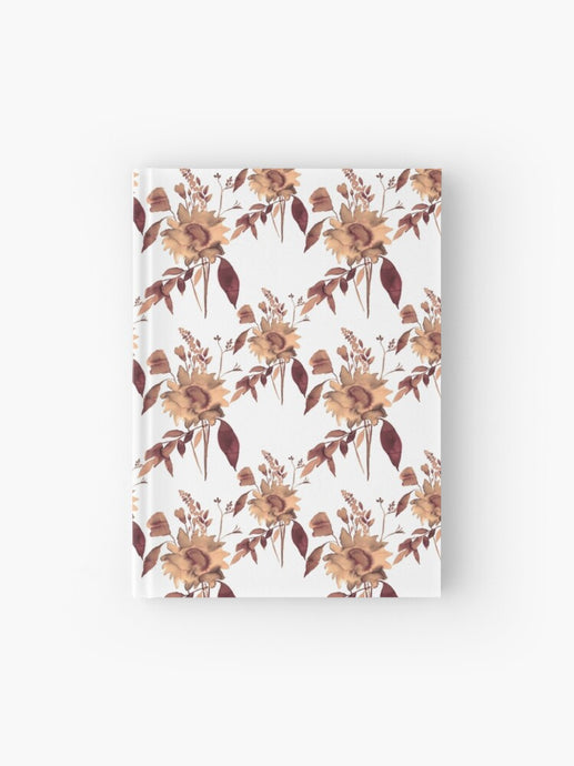 Hardcover journal featuring original hand-painted watercolor painting by artist Elizabeth Becker. Ruled line, graph or blank pages. Sepia, rust orange and white colors. Botanical floral pattern. Flowers and leaves design.