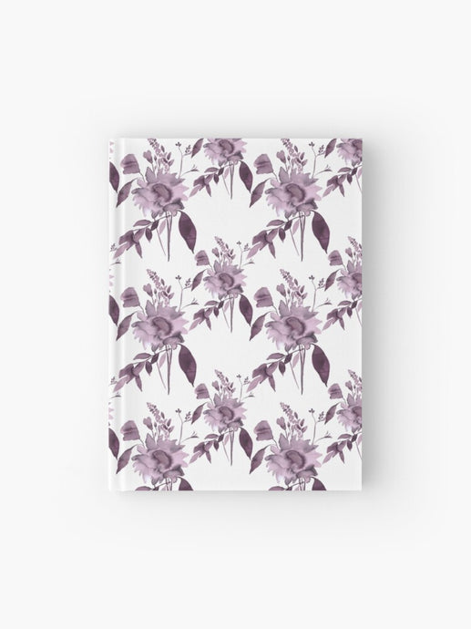 Hardcover journal featuring original hand-painted watercolor painting by artist Elizabeth Becker. Ruled line, graph or blank pages. Muted eggplant purple and white colors. Botanical floral pattern. Flowers and leaves design.