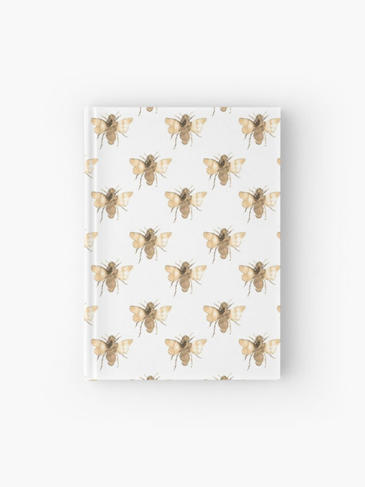 Hardcover journal featuring original hand-painted watercolor painting by artist Elizabeth Becker. Ruled line, graph or blank pages. Soft sepia, gold, yellow and white colors. Vintage honey bee pattern. Insects design. 