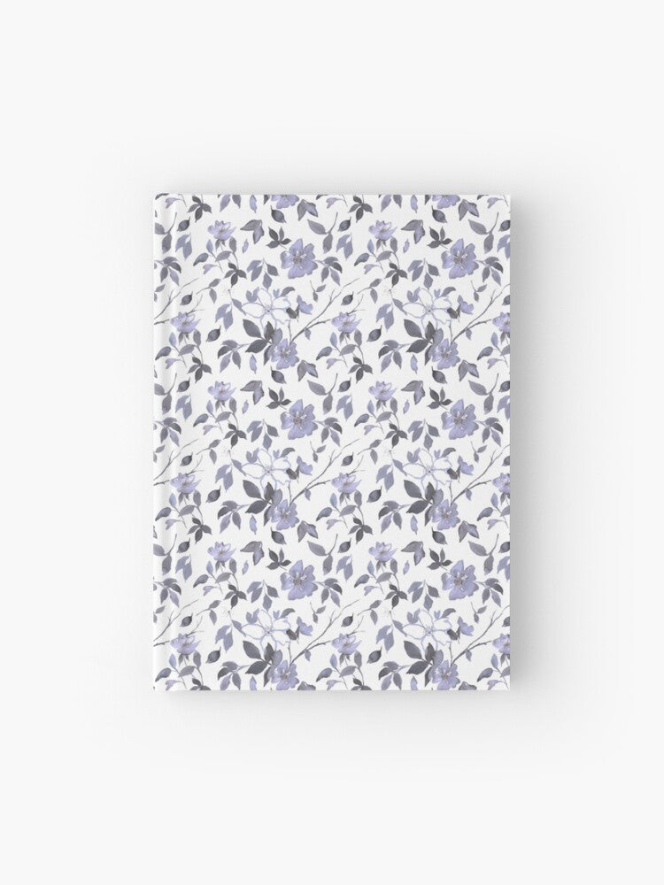 Hardcover journal featuring original hand-painted watercolor painting by artist Elizabeth Becker. Ruled line, graph or blank pages. Light lavender purple, gray and white colors. Floral wild rose flowers, branches and leaves.