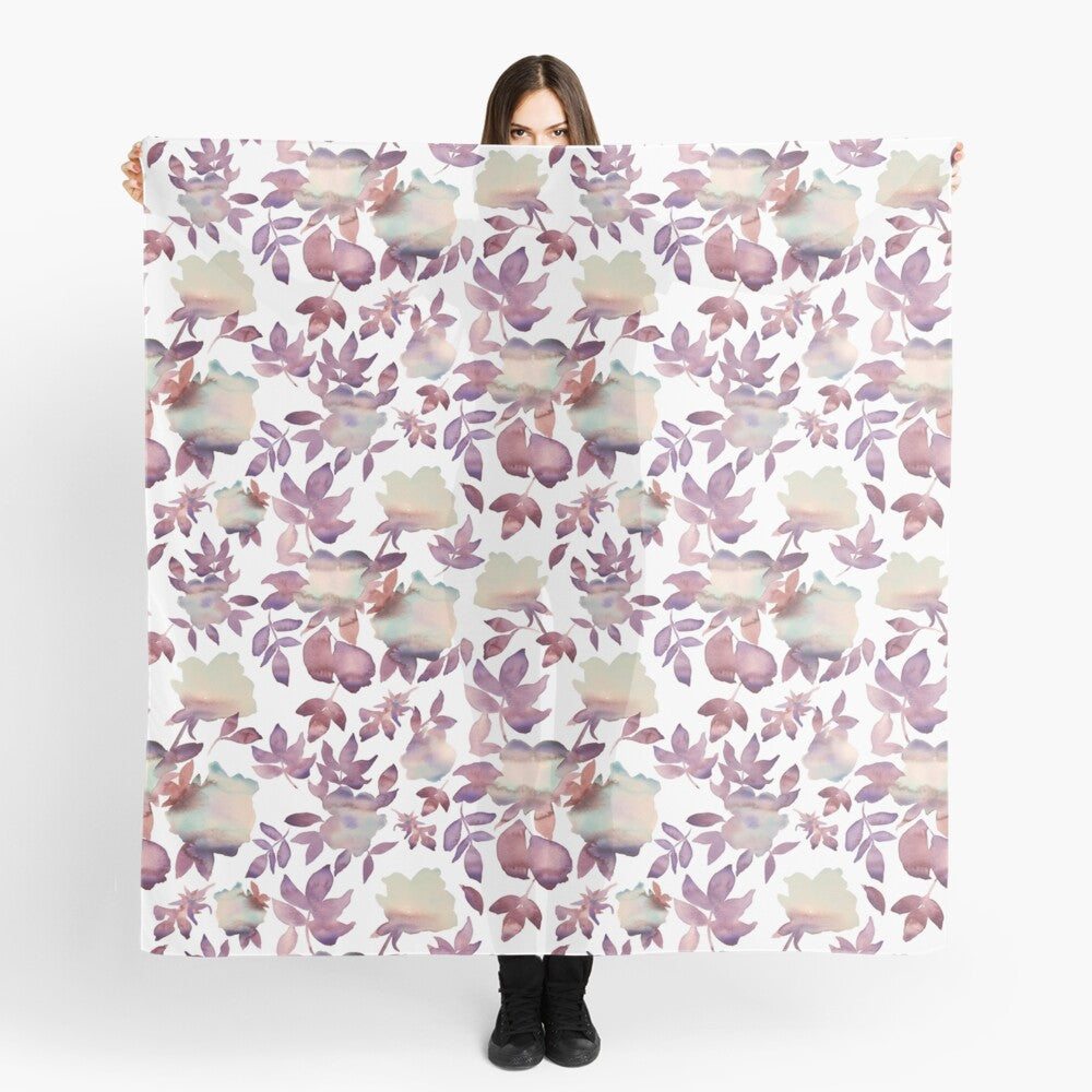 Scarf featuring original hand-painted watercolor painting by artist Elizabeth Becker. Mauve purple, peach and white floral design. Botanical flowers and leaves.