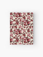 Load image into Gallery viewer, Hardcover journal featuring original hand-painted watercolor painting by artist Elizabeth Becker. Ruled line, graph or blank pages. Maroon red and cream colors. Floral rose flowers and leaves.
