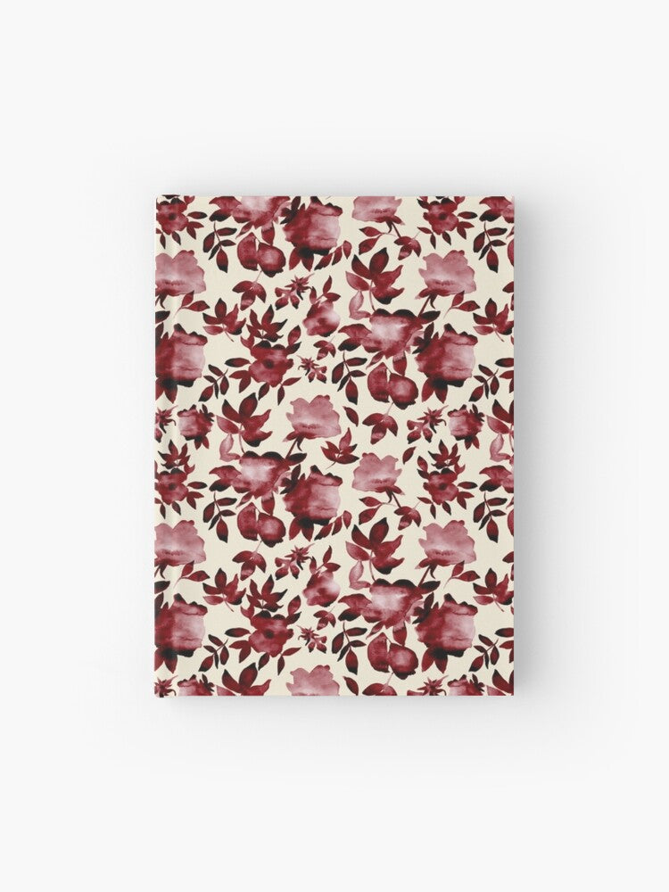 Hardcover journal featuring original hand-painted watercolor painting by artist Elizabeth Becker. Ruled line, graph or blank pages. Maroon red and cream colors. Floral rose flowers and leaves.