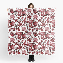 Load image into Gallery viewer, Scarf featuring original hand-painted watercolor painting by artist Elizabeth Becker. Maroon red and white floral design. Botanical flowers and leaves.
