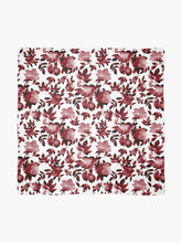 Load image into Gallery viewer, Scarf featuring original hand-painted watercolor painting by artist Elizabeth Becker. Maroon red and white floral design. Botanical flowers and leaves.
