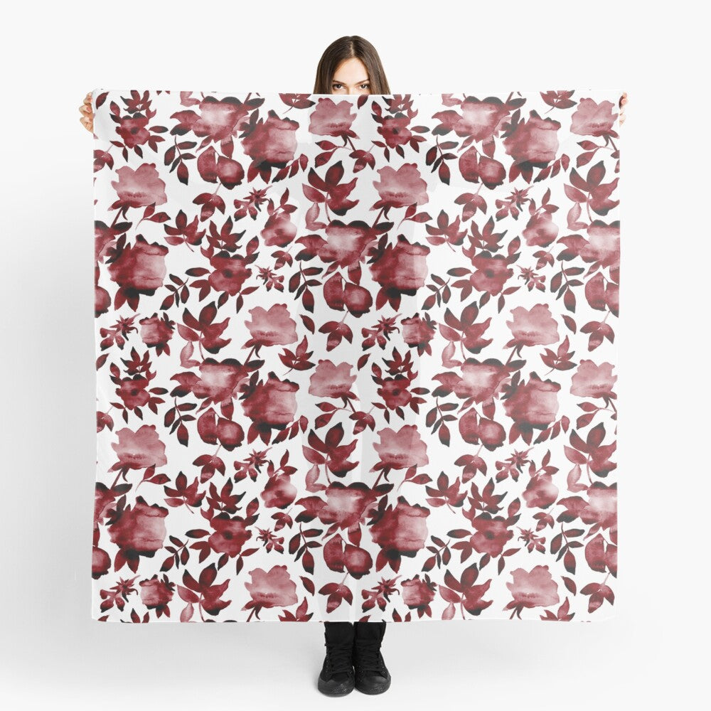 Scarf featuring original hand-painted watercolor painting by artist Elizabeth Becker. Maroon red and white floral design. Botanical flowers and leaves.