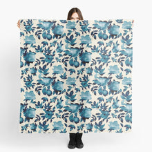 Load image into Gallery viewer, Scarf featuring original hand-painted watercolor painting by artist Elizabeth Becker. Blue and Cream floral design. Botanical flowers and leaves.
