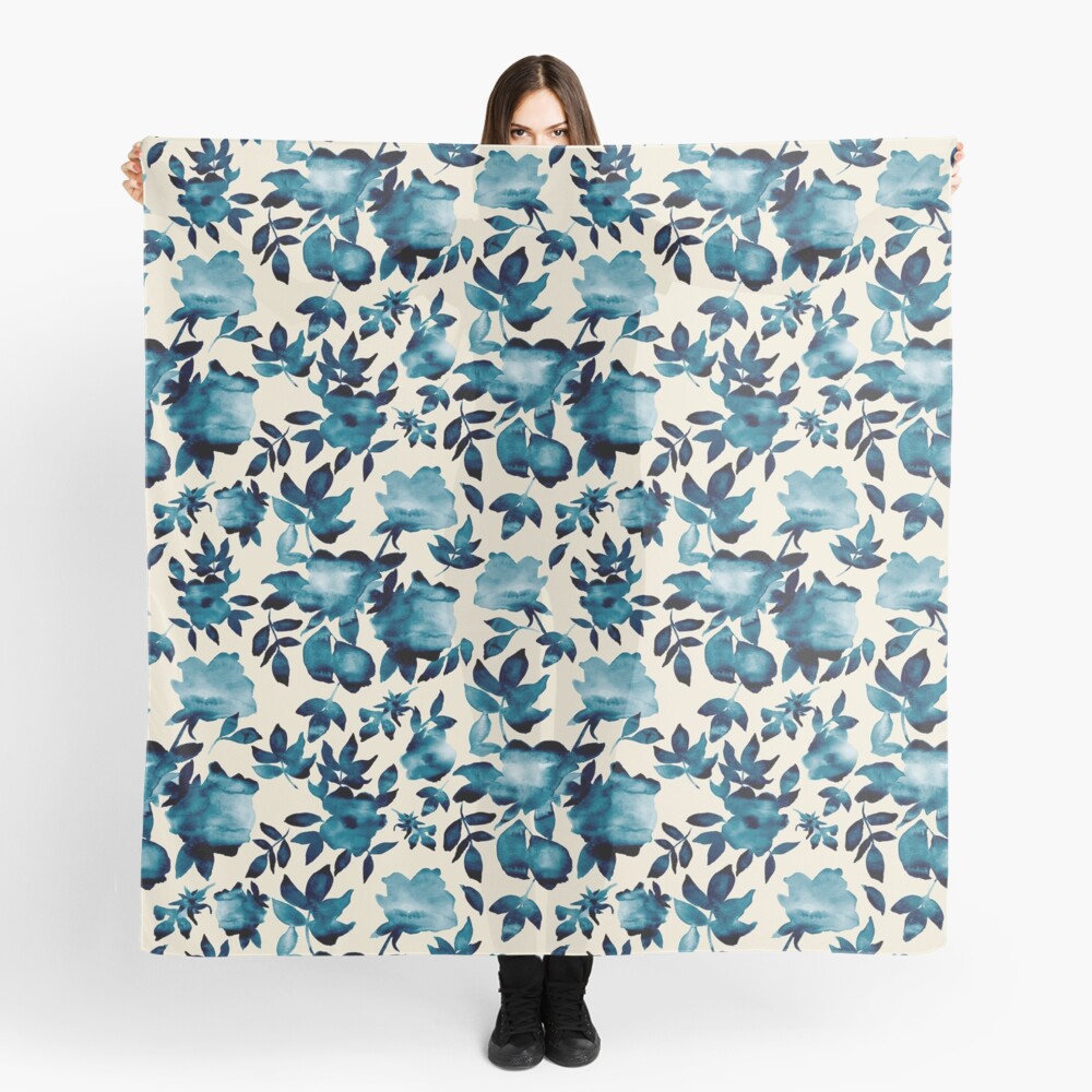 Scarf featuring original hand-painted watercolor painting by artist Elizabeth Becker. Blue and Cream floral design. Botanical flowers and leaves.