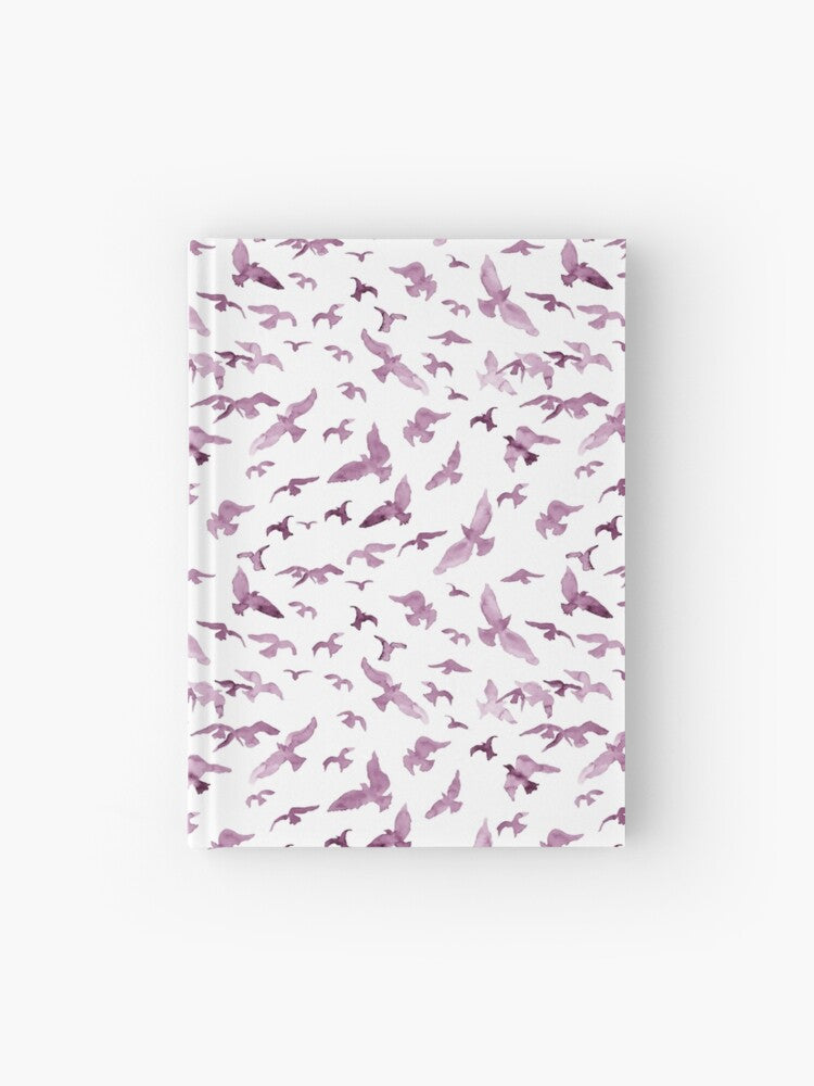 Hardcover journal featuring original hand-painted watercolor painting by artist Elizabeth Becker. Ruled line, graph or blank pages. Fuchsia pink, purple and white colors. Flying birds design.