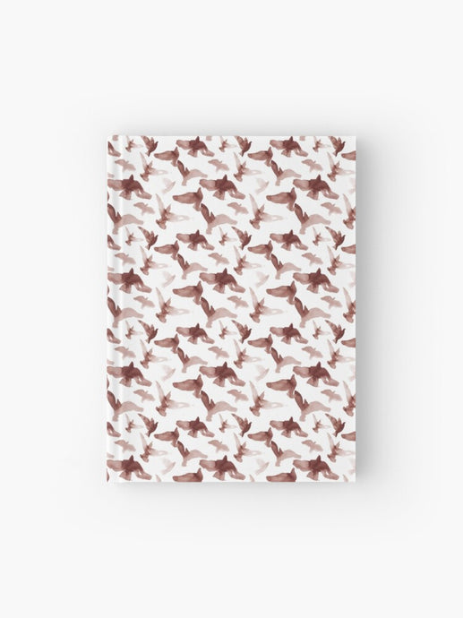 Hardcover journal featuring original hand-painted watercolor painting by artist Elizabeth Becker. Ruled line, graph or blank pages. Monochromatic maroon red and white colors. Flying birds design.