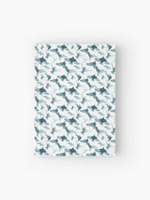 Load image into Gallery viewer, Hardcover journal featuring original hand-painted watercolor painting by artist Elizabeth Becker. Ruled line, graph or blank pages. Turquoise blue-green, teal and white colors. Flying birds design.
