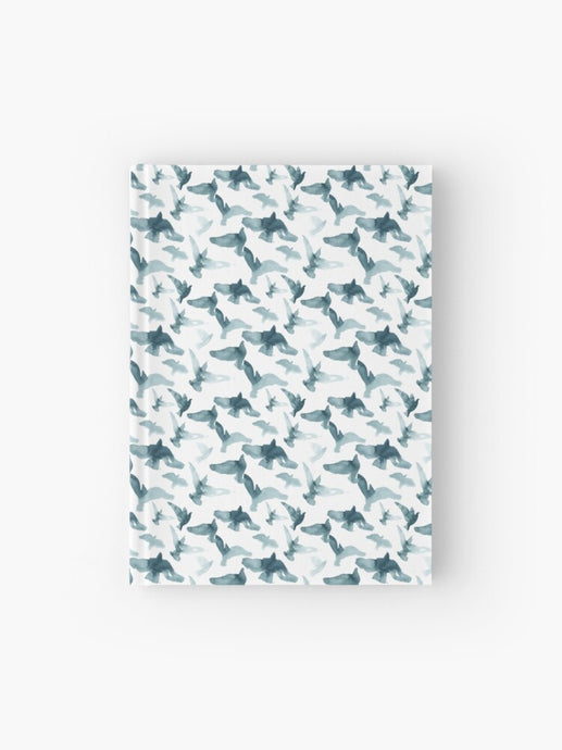 Hardcover journal featuring original hand-painted watercolor painting by artist Elizabeth Becker. Ruled line, graph or blank pages. Turquoise blue-green, teal and white colors. Flying birds design.