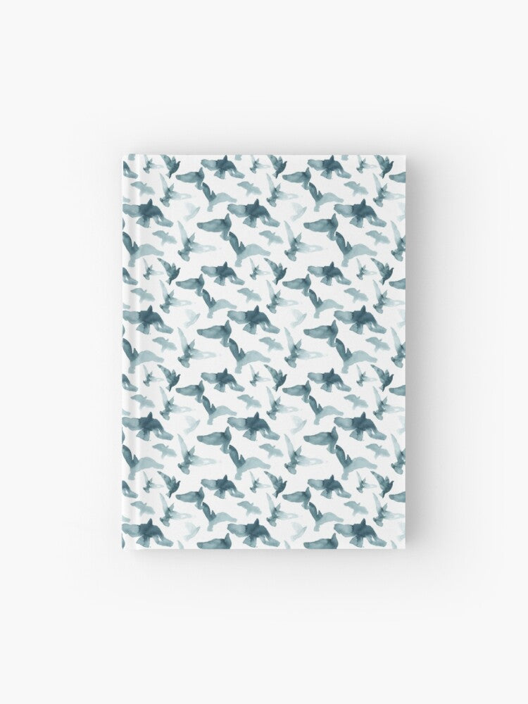 Hardcover journal featuring original hand-painted watercolor painting by artist Elizabeth Becker. Ruled line, graph or blank pages. Turquoise blue-green, teal and white colors. Flying birds design.