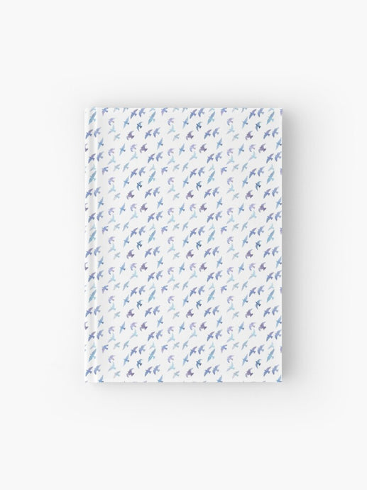 Hardcover journal featuring original hand-painted watercolor painting by artist Elizabeth Becker. Ruled line, graph or blank pages. Soft blue, purple and white colors. Flying birds design.