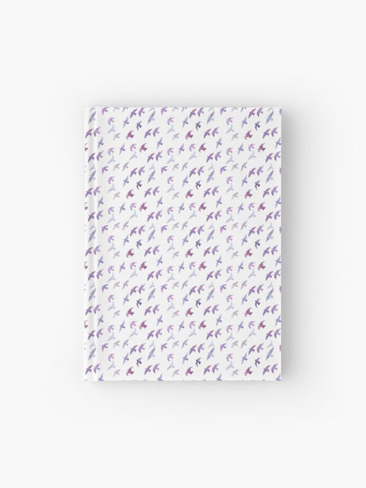 Hardcover journal featuring original hand-painted watercolor painting by artist Elizabeth Becker. Ruled line, graph or blank pages. Fuchsia pink, purple and white colors. Flying birds design.