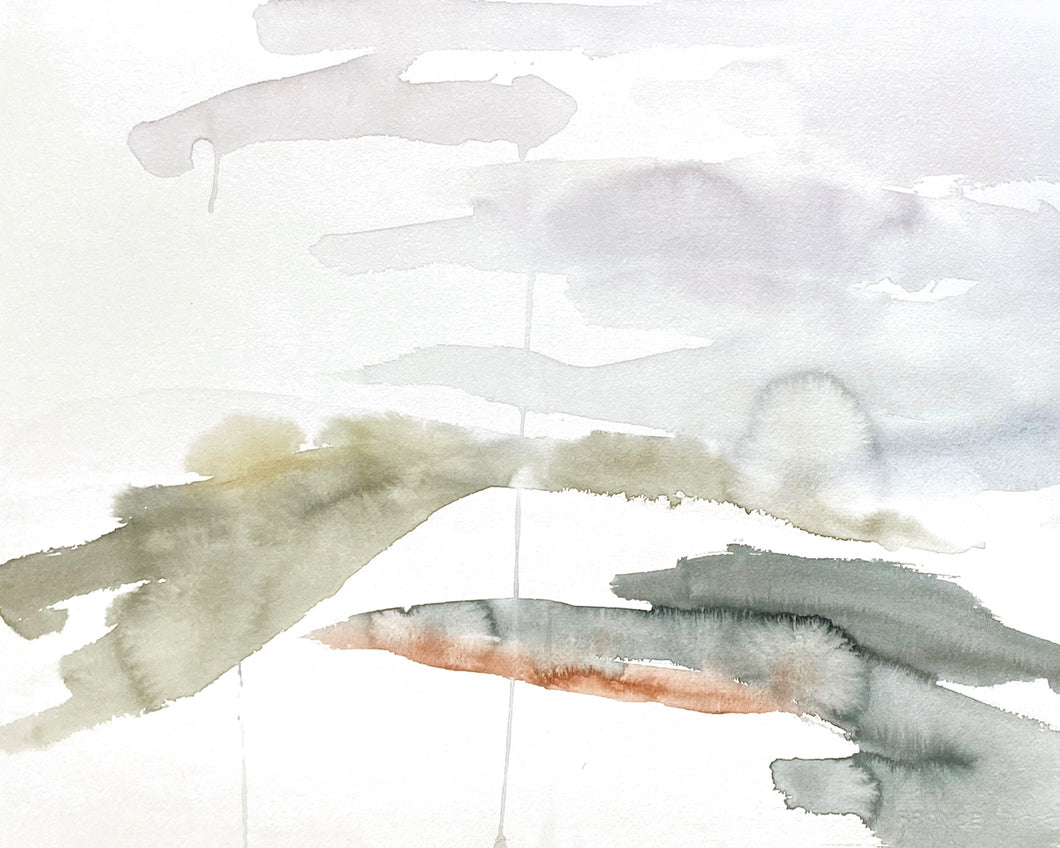 16” x 20” original watercolor abstract landscape painting in an expressive, impressionist, minimalist, modern style by contemporary fine artist Elizabeth Becker