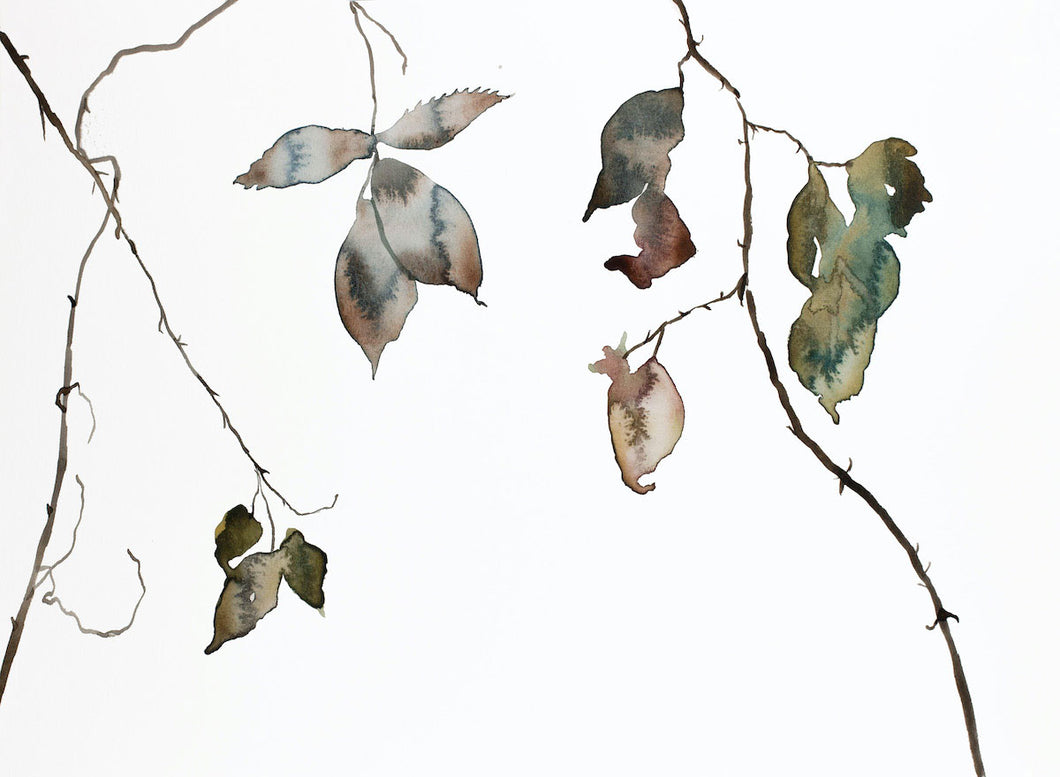 11” x 15” original watercolor botanical nature tree painting in an expressive, impressionist, minimalist, modern style by contemporary fine artist Elizabeth Becker. Soft blue green gold, gray and white colors.