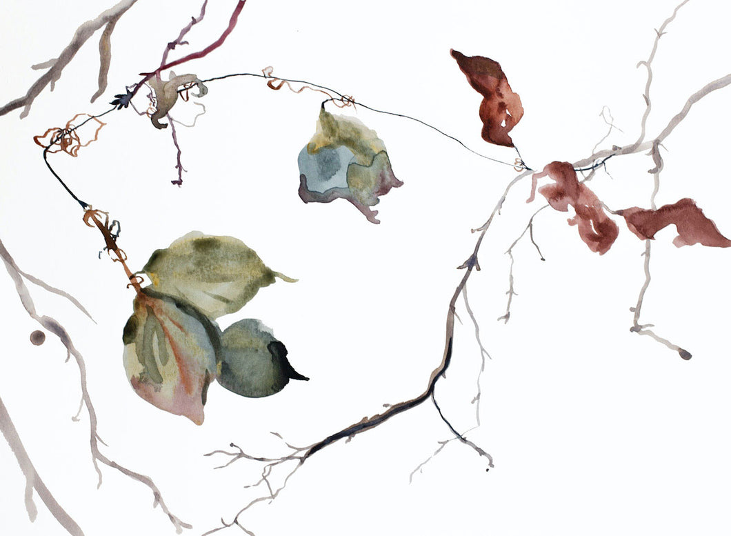 11” x 15” original watercolor botanical nature tree painting in an expressive, impressionist, minimalist, modern style by contemporary fine artist Elizabeth Becker. Muted moody neutral green, burnt sienna, rust red and white colors.