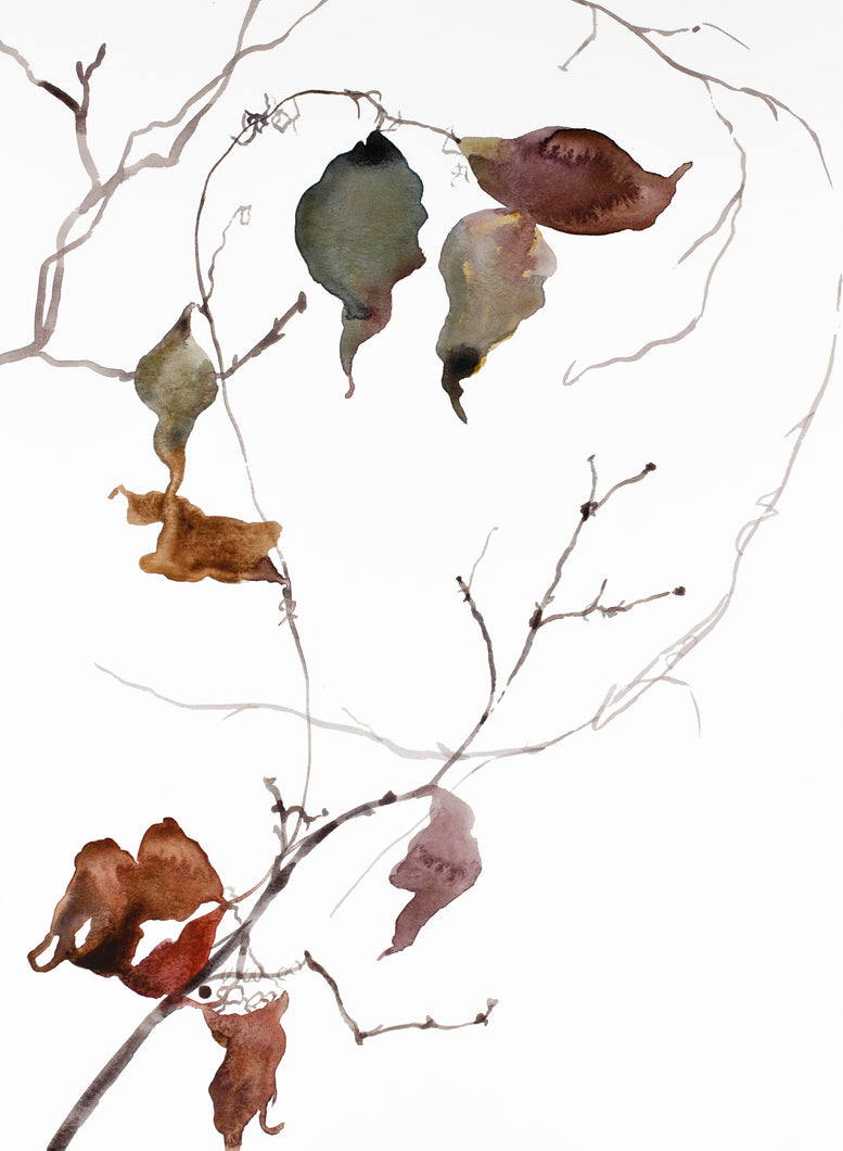 11” x 15” original watercolor botanical nature tree painting in an expressive, impressionist, minimalist, modern style by contemporary fine artist Elizabeth Becker. Green, mauve purple, deep red, gray and white colors.