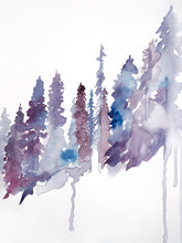Load image into Gallery viewer, 9” x 12” original watercolor botanical nature painting of pine trees in an ethereal, expressive, impressionist, minimalist, modern style by contemporary fine artist Elizabeth Becker. Soft purple, mauve, blue and white colors.
