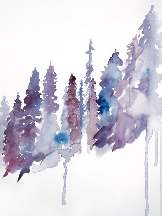 9” x 12” original watercolor botanical nature painting of pine trees in an ethereal, expressive, impressionist, minimalist, modern style by contemporary fine artist Elizabeth Becker. Soft purple, mauve, blue and white colors.