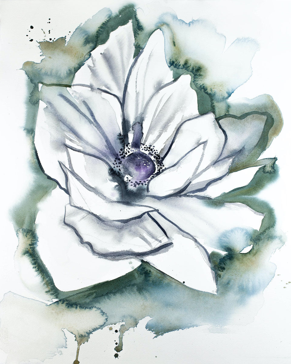 16” x 20” original watercolor botanical anemone floral painting in an expressive, impressionist, minimalist, modern style by contemporary fine artist Elizabeth Becker. Soft blue green, gold, purple, gray and white colors.