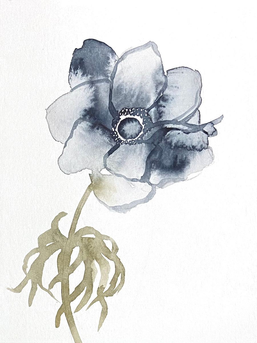5” x 7” original watercolor botanical black anemone floral painting in an expressive, impressionist, minimalist, modern style by contemporary fine artist Elizabeth Becker 