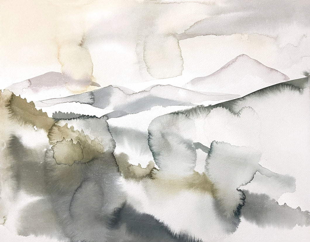 16” x 20” original watercolor abstract landscape painting of the Appalachian mountain layers, Asheville, North Carolina, in an expressive, impressionist, minimalist, modern style by contemporary fine artist Elizabeth Becker. 