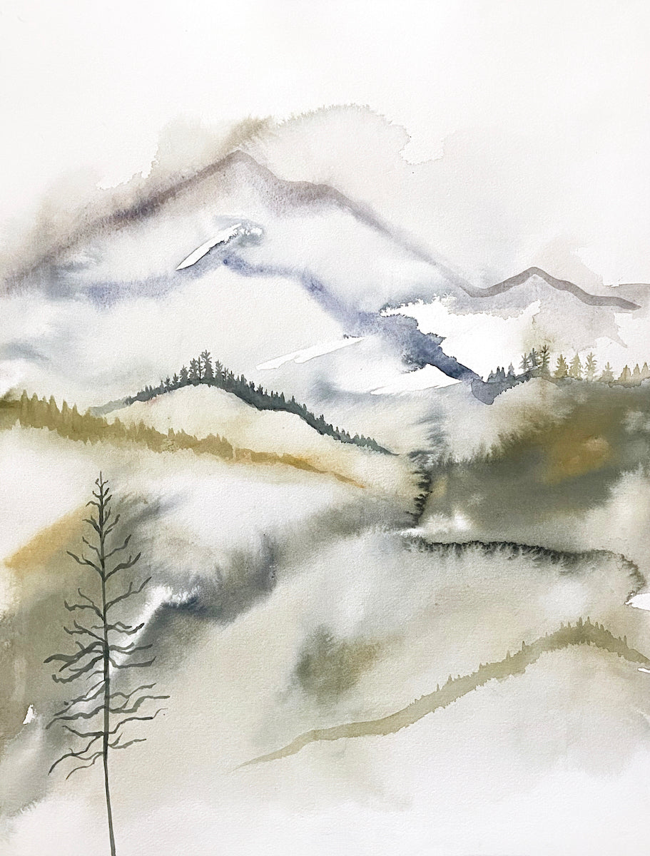16” x 20” original watercolor abstract landscape tree painting of the Appalachian mountain layers, Asheville, North Carolina, in an expressive, impressionist, minimalist, modern style by contemporary fine artist Elizabeth Becker. 