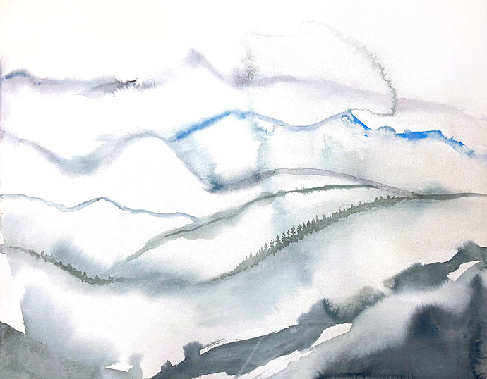 16” x 20” original watercolor abstract landscape painting of the Appalachian mountains, Asheville, North Carolina, in an expressive, impressionist, minimalist, modern style by contemporary fine artist Elizabeth Becker. 