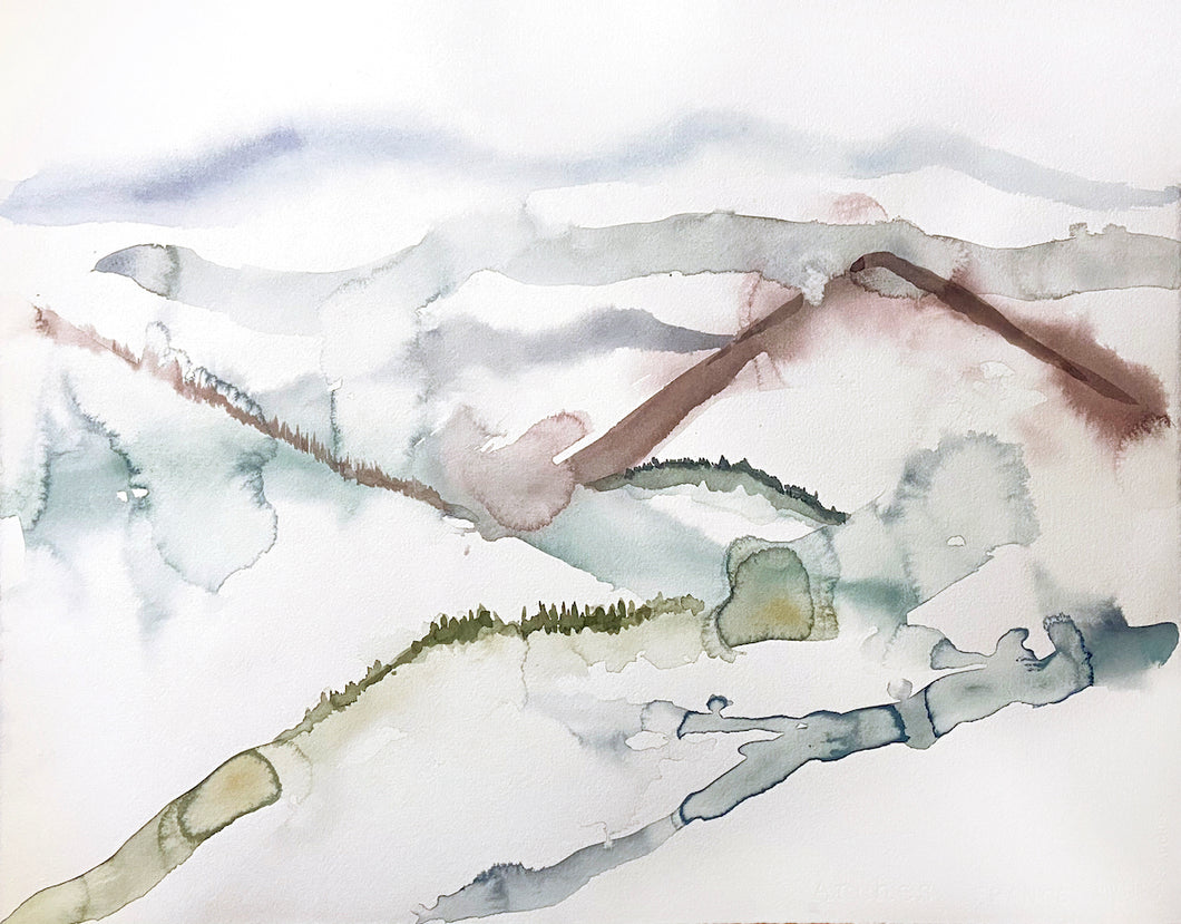 16” x 20” original watercolor abstract landscape painting of the Appalachian mountains, Asheville, North Carolina, in an expressive, impressionist, minimalist, modern style by contemporary fine artist Elizabeth Becker. 