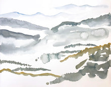 Load image into Gallery viewer, 16” x 20” original watercolor abstract landscape painting of the Appalachian mountains, Asheville, North Carolina, in an expressive, impressionist, minimalist, modern style by contemporary fine artist Elizabeth Becker. Soft, muted cool colors (light blue, olive green, gray, white).
