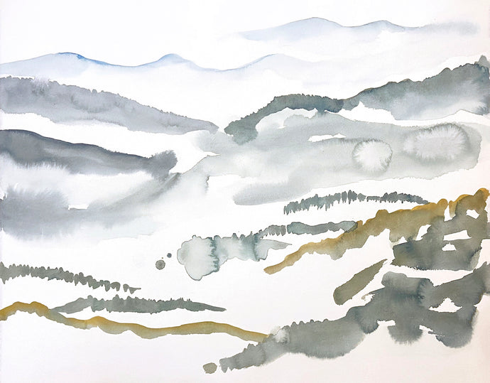 16” x 20” original watercolor abstract landscape painting of the Appalachian mountains, Asheville, North Carolina, in an expressive, impressionist, minimalist, modern style by contemporary fine artist Elizabeth Becker. Soft, muted cool colors (light blue, olive green, gray, white).
