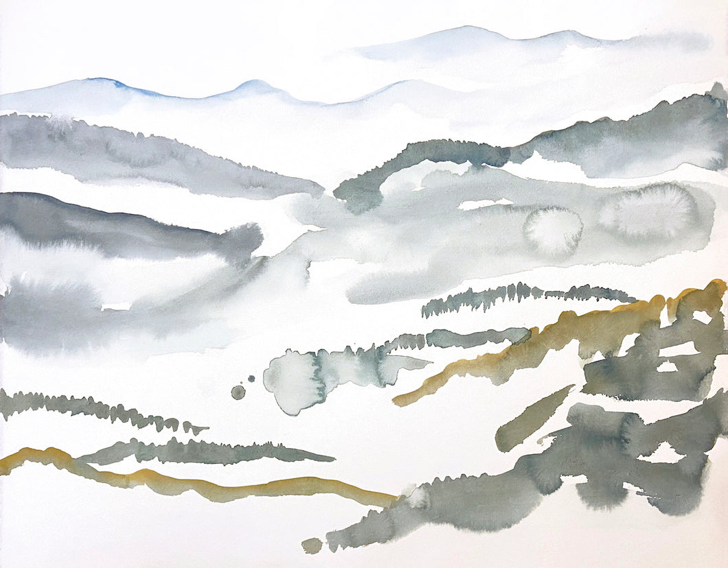 16” x 20” original watercolor abstract landscape painting of the Appalachian mountains, Asheville, North Carolina, in an expressive, impressionist, minimalist, modern style by contemporary fine artist Elizabeth Becker. Soft, muted cool colors (light blue, olive green, gray, white).