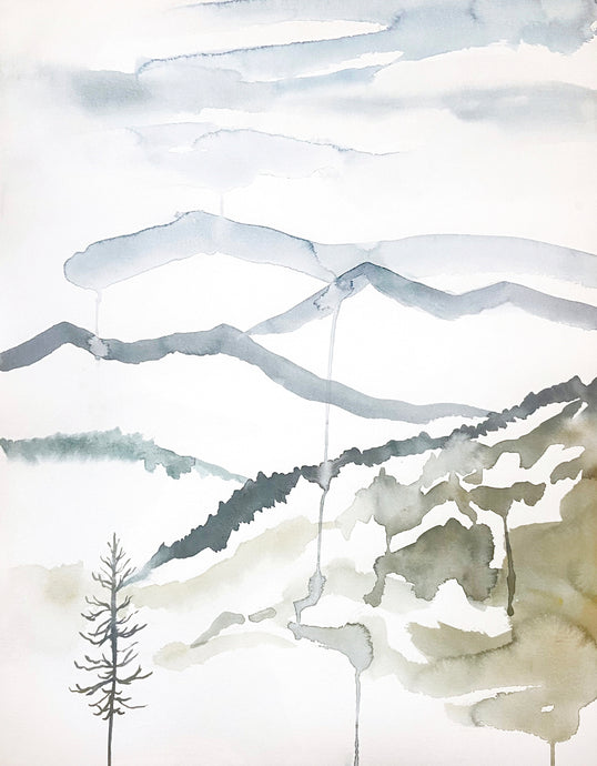 16” x 20” original watercolor abstract landscape tree painting of the Appalachian mountains, Asheville, North Carolina, in an expressive, impressionist, minimalist, modern style by contemporary fine artist Elizabeth Becker. Soft, muted cool colors (light blue, gray, olive green, gold, white).