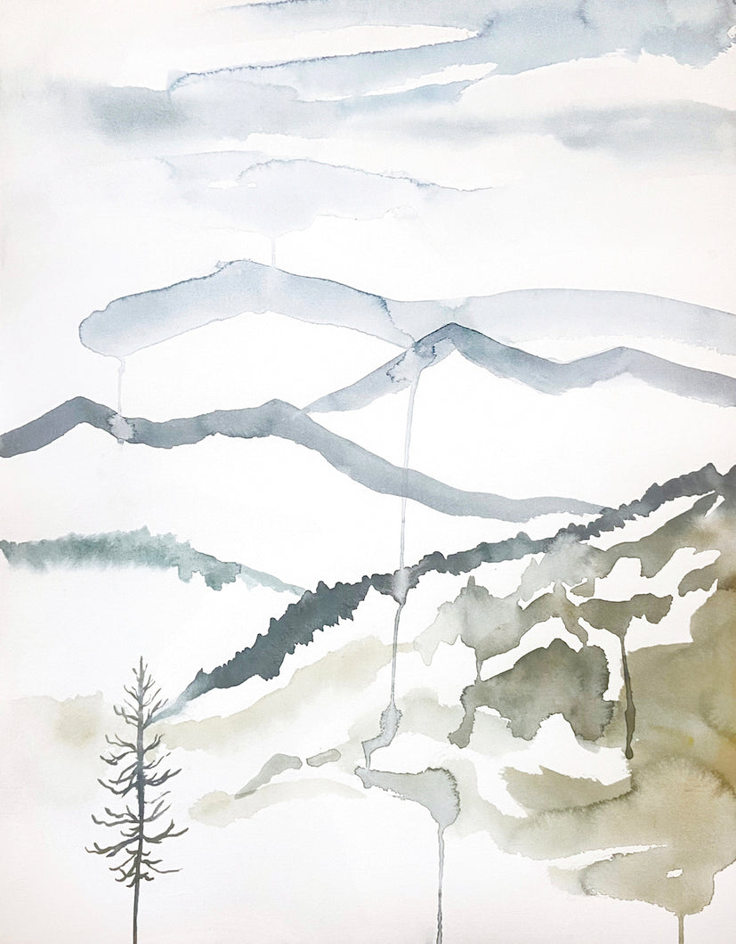 16” x 20” original watercolor abstract landscape tree painting of the Appalachian mountains, Asheville, North Carolina, in an expressive, impressionist, minimalist, modern style by contemporary fine artist Elizabeth Becker. Soft, muted cool colors (light blue, gray, olive green, gold, white).