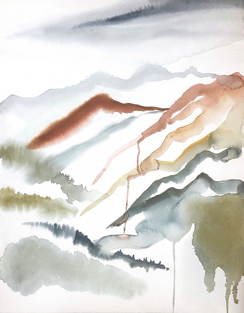 16” x 20” original watercolor abstract landscape painting of the Appalachian mountains, Asheville, North Carolina, in an impressionist, minimalist, modern style by contemporary fine artist Elizabeth Becker.  Soft, muted colors (gray, yellow ochre, mossy olive green, cinnamon, red, orange). Loose brushstrokes, expressive drips. 
