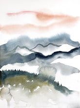 Load image into Gallery viewer, 16” x 20” original watercolor abstract sunset landscape painting of the Appalachian mountains, Asheville, North Carolina, in an expressive, impressionist, minimalist, modern style by contemporary fine artist Elizabeth Becker. Loose brushstrokes. Soft, muted colors (peach, payne&#39;s gray, white, cornflower blue, mossy olive gold green)
