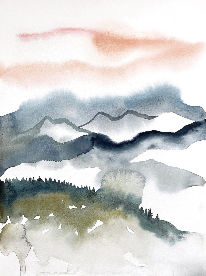 16” x 20” original watercolor abstract sunset landscape painting of the Appalachian mountains, Asheville, North Carolina, in an expressive, impressionist, minimalist, modern style by contemporary fine artist Elizabeth Becker. Loose brushstrokes. Soft, muted colors (peach, payne's gray, white, cornflower blue, mossy olive gold green)