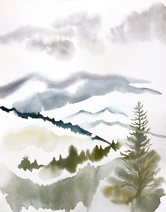 16” x 20” original watercolor abstract landscape tree painting of the Appalachian mountain layers, Asheville, North Carolina, in an expressive, impressionist, minimalist, modern style by contemporary fine artist Elizabeth Becker. 