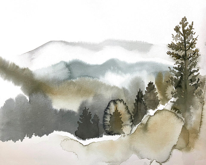16” x 20” original watercolor abstract landscape painting of the Appalachian mountain layers, Asheville, North Carolina, in an expressive, impressionist, minimalist, modern style by contemporary fine artist Elizabeth Becker. 