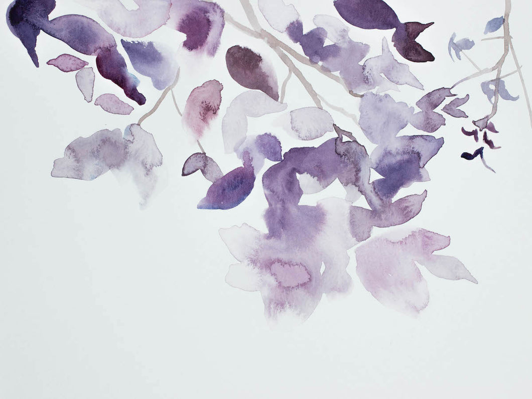 9” x 12” original watercolor botanical nature painting of tree branches and leaves in an ethereal, expressive, impressionist, minimalist, modern style by contemporary fine artist Elizabeth Becker. Soft ethereal monochromatic lavender purple and white colors.