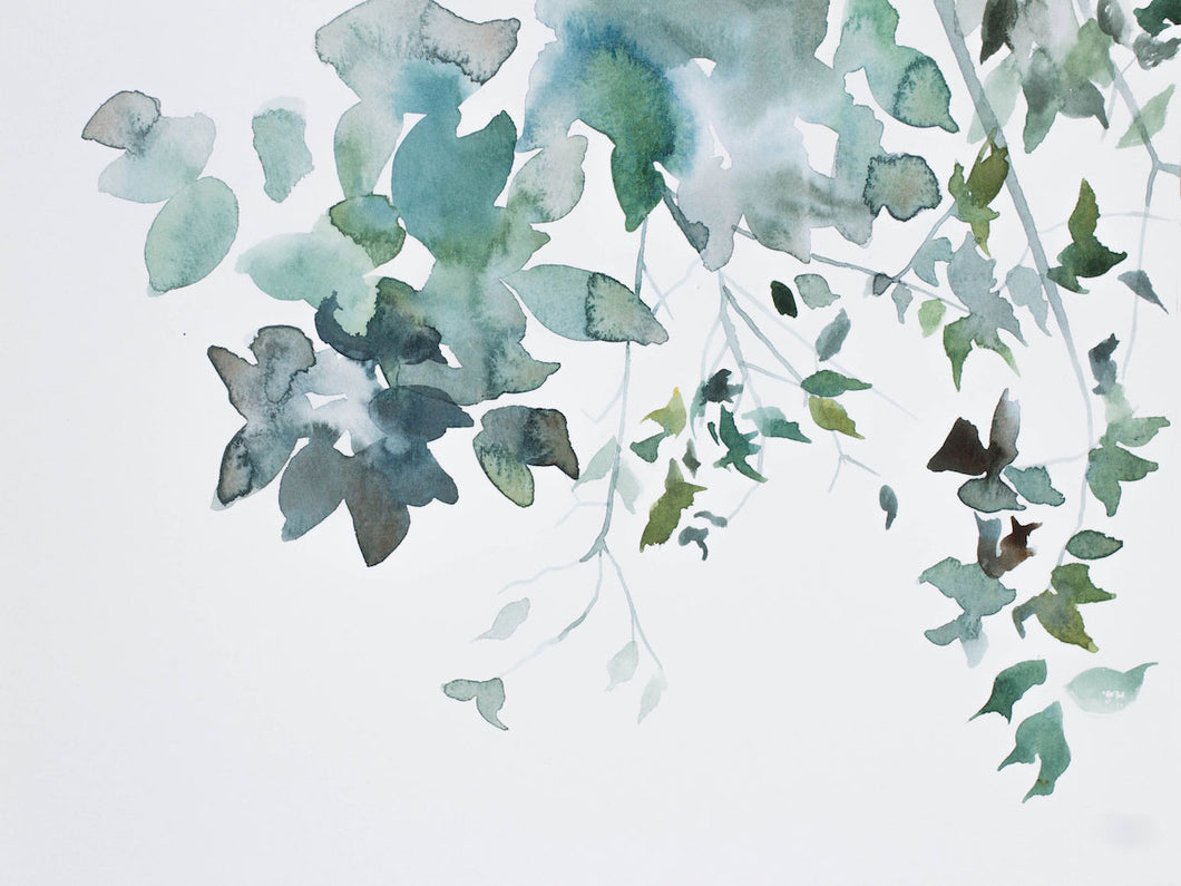 9” x 12” original watercolor botanical nature painting of tree branches and leaves in an ethereal, expressive, impressionist, minimalist, modern style by contemporary fine artist Elizabeth Becker. Soft ethereal monochromatic blue green and white colors.