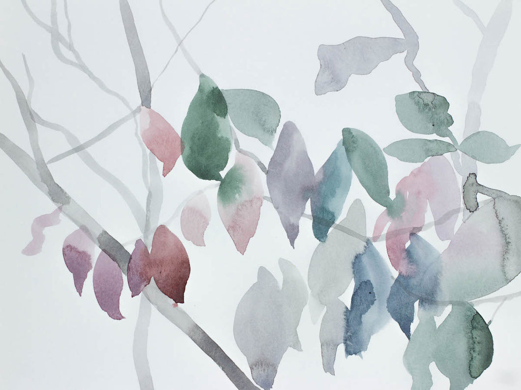 9” x 12” original watercolor botanical nature painting of tree branches and leaves in an ethereal, expressive, impressionist, minimalist, modern style by contemporary fine artist Elizabeth Becker. Soft ethereal monochromatic blue green, gray, pale pink, mauve purple and white colors.