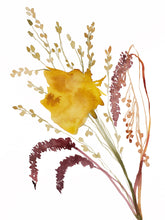 Load image into Gallery viewer, 9” x 12&quot; original watercolor autumn bouquet botanical painting in an expressive, impressionist, minimalist, modern style by contemporary fine artist Elizabeth Becker. Muted yellow ochre, olive green, garnet red and white colors.
