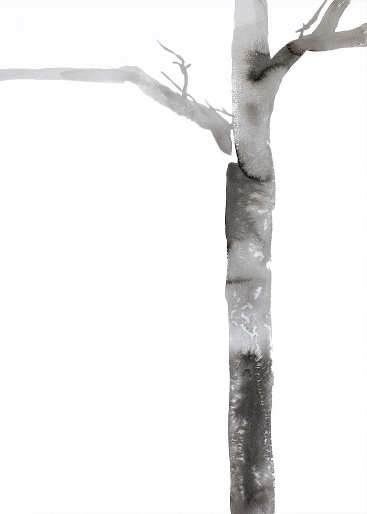 18” x 24” black and white original ink painting of a bare tree in an expressive, impressionist, minimalist, modern style by contemporary fine artist Elizabeth Becker