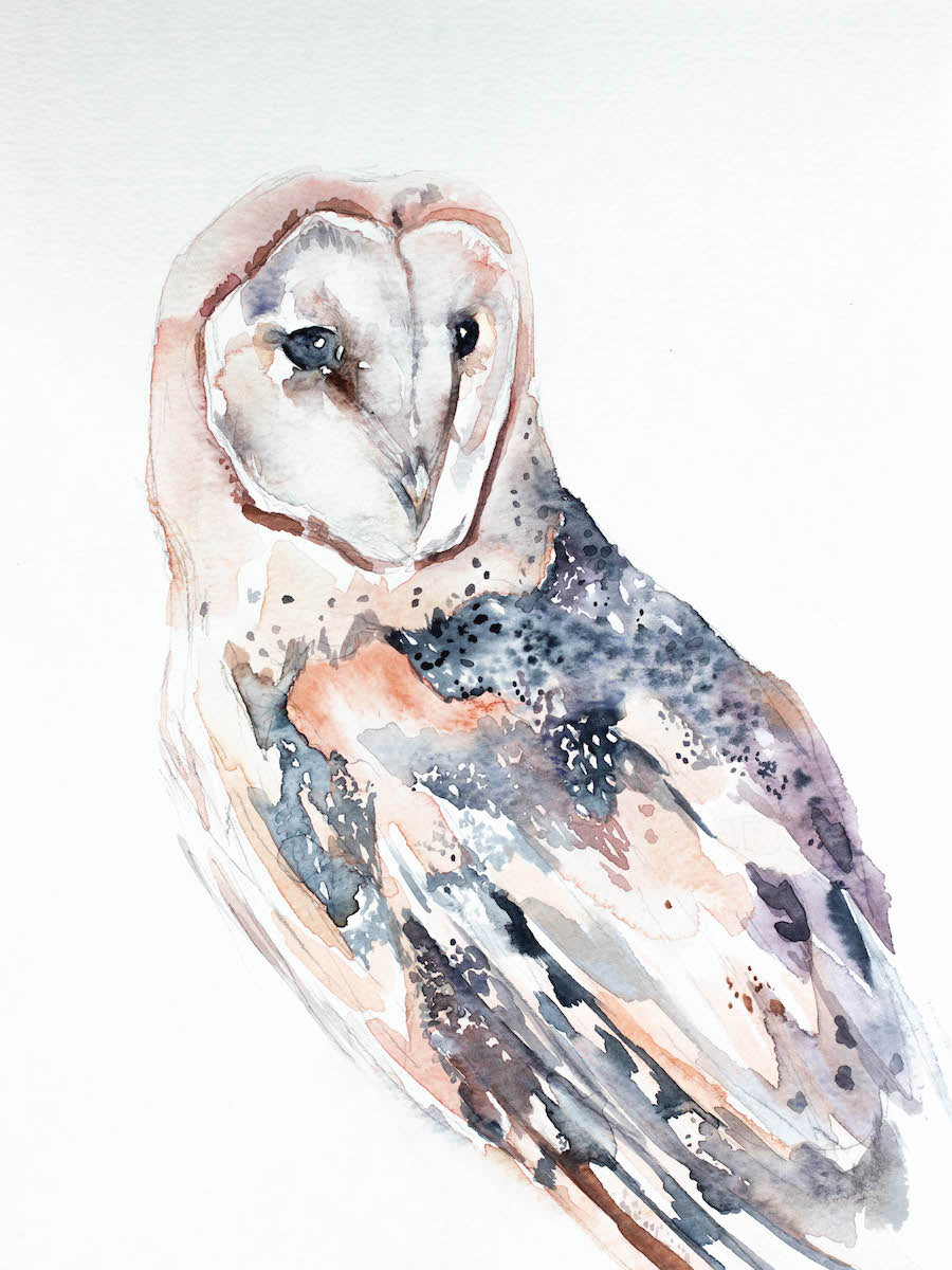 9” x 12” original watercolor wildlife nature barn owl painting in an expressive, impressionist, minimalist, modern style by contemporary fine artist Elizabeth Becker. Soft peach, gray and white colors.
