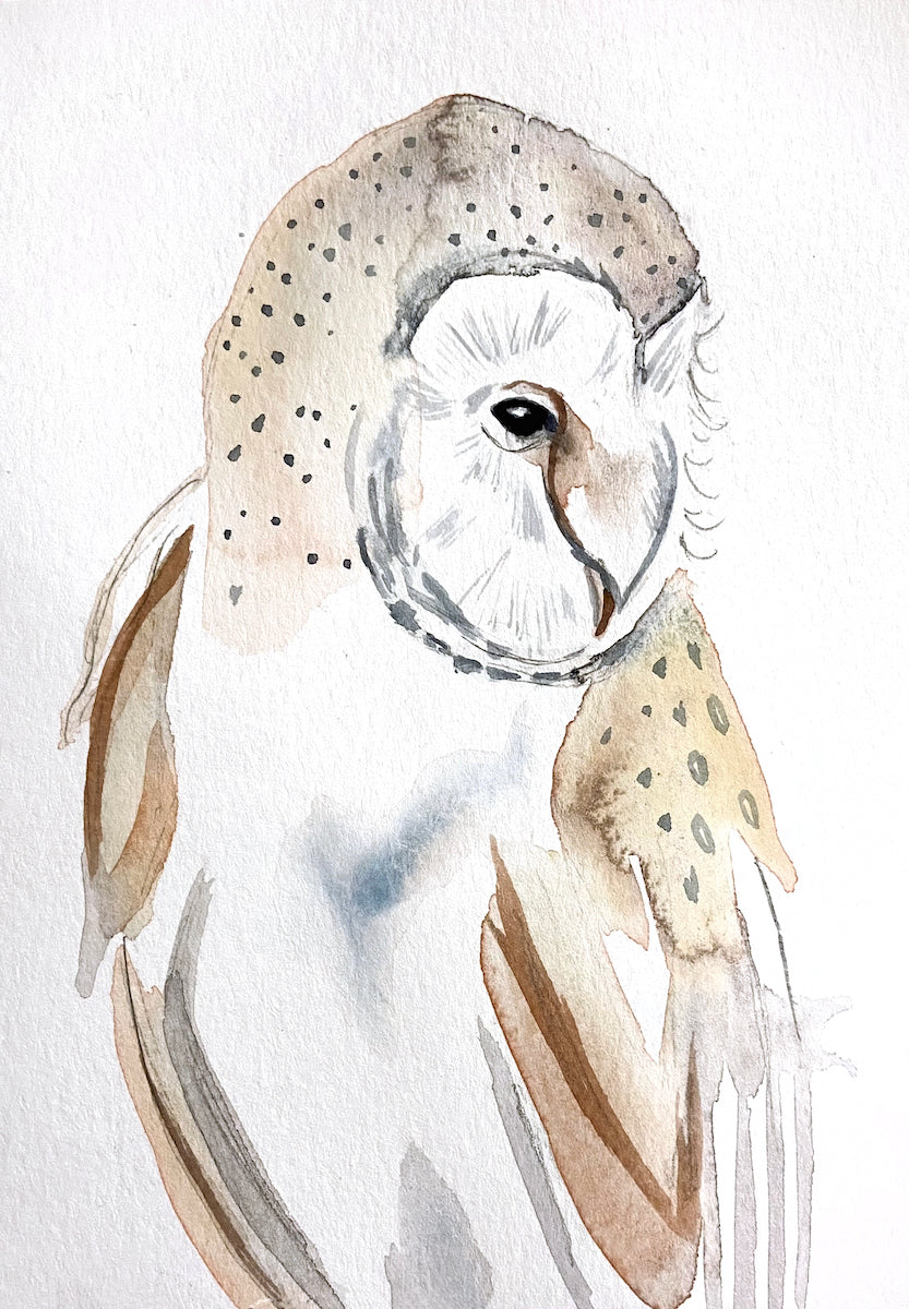 5” x 7” original watercolor wildlife nature barn owl painting in an ethereal, expressive, impressionist, minimalist, modern style by contemporary fine artist Elizabeth Becker