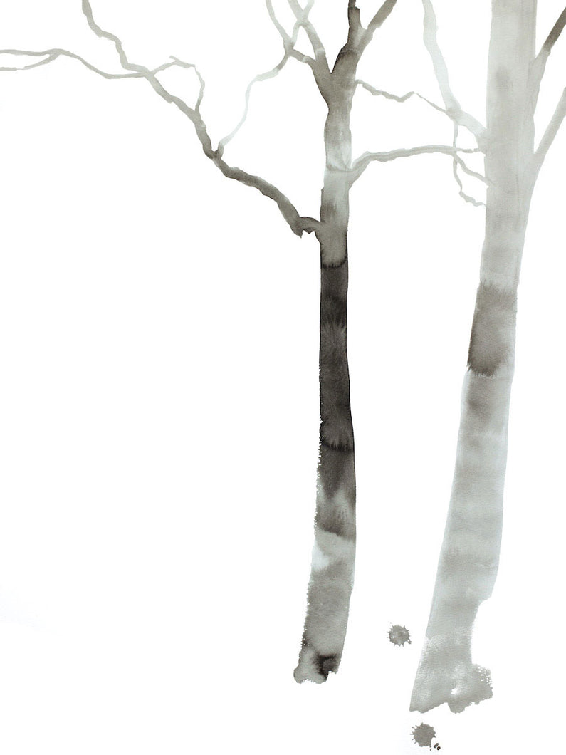 18” x 24” black and white original ink painting of bare trees in an expressive, impressionist, minimalist, modern style by contemporary fine artist Elizabeth Becker